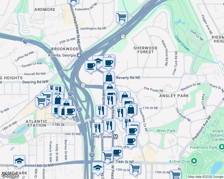 map of restaurants, bars, coffee shops, grocery stores, and more near 1473 Spring Street Northwest in Atlanta