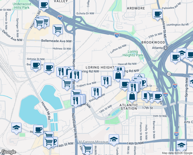 map of restaurants, bars, coffee shops, grocery stores, and more near 1474 Brooklyn Avenue Northwest in Atlanta