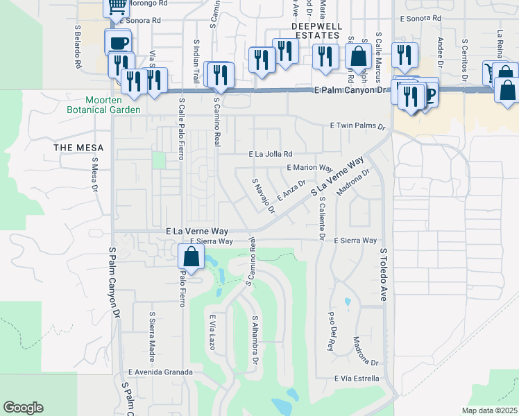 map of restaurants, bars, coffee shops, grocery stores, and more near 922 East Anza Drive in Palm Springs