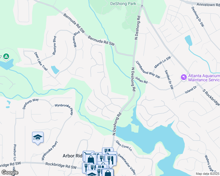 map of restaurants, bars, coffee shops, grocery stores, and more near 655 Scenic View in Stone Mountain