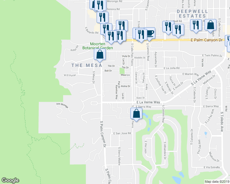 map of restaurants, bars, coffee shops, grocery stores, and more near 2055 Ramitas Way in Palm Springs