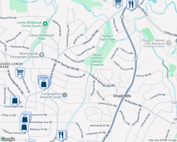 map of restaurants, bars, coffee shops, grocery stores, and more near 1508 Markan Drive Northeast in Atlanta
