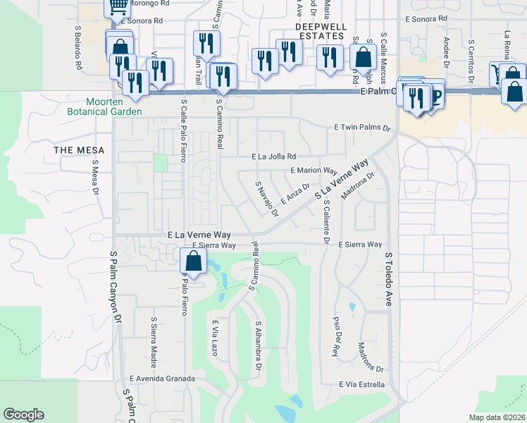map of restaurants, bars, coffee shops, grocery stores, and more near 922 East Anza Drive in Palm Springs