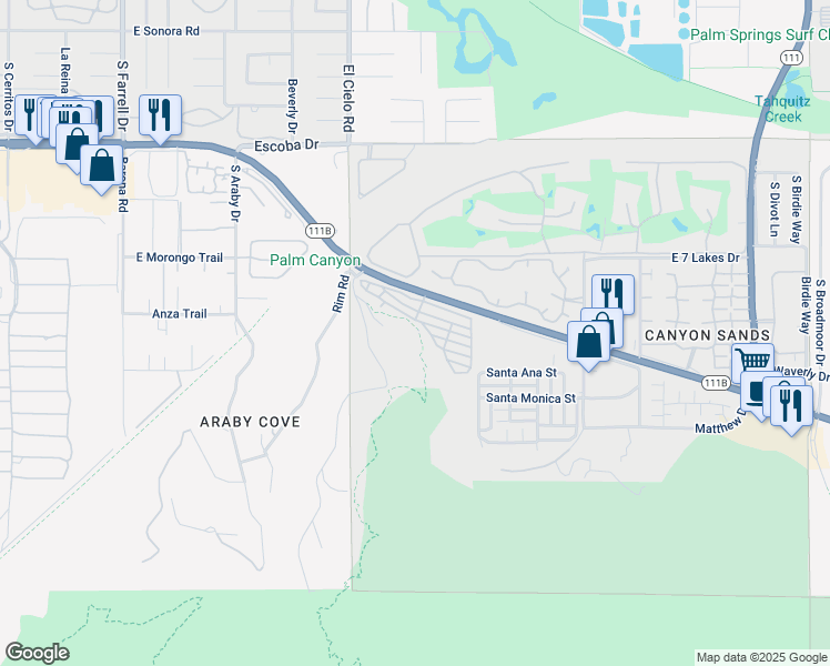 map of restaurants, bars, coffee shops, grocery stores, and more near 2020 Southridge Drive in Palm Springs