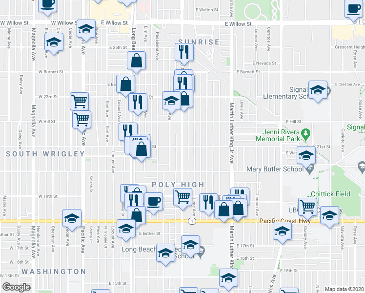 map of restaurants, bars, coffee shops, grocery stores, and more near Atlantic Ave & E 21st St in Long Beach