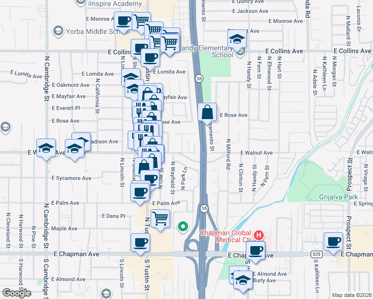 map of restaurants, bars, coffee shops, grocery stores, and more near 2015 East Walnut Avenue in Orange