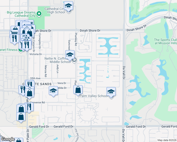 map of restaurants, bars, coffee shops, grocery stores, and more near 22 Shoreline Drive in Rancho Mirage