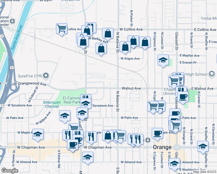 map of restaurants, bars, coffee shops, grocery stores, and more near 491 North Citrus Street in Orange