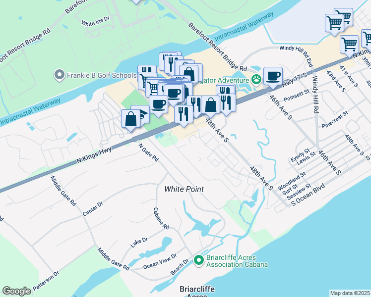 map of restaurants, bars, coffee shops, grocery stores, and more near 490 Ocean Creek Drive in Myrtle Beach