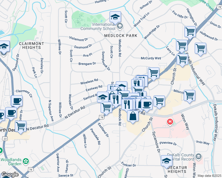 map of restaurants, bars, coffee shops, grocery stores, and more near 2393 Eastway Road in Decatur