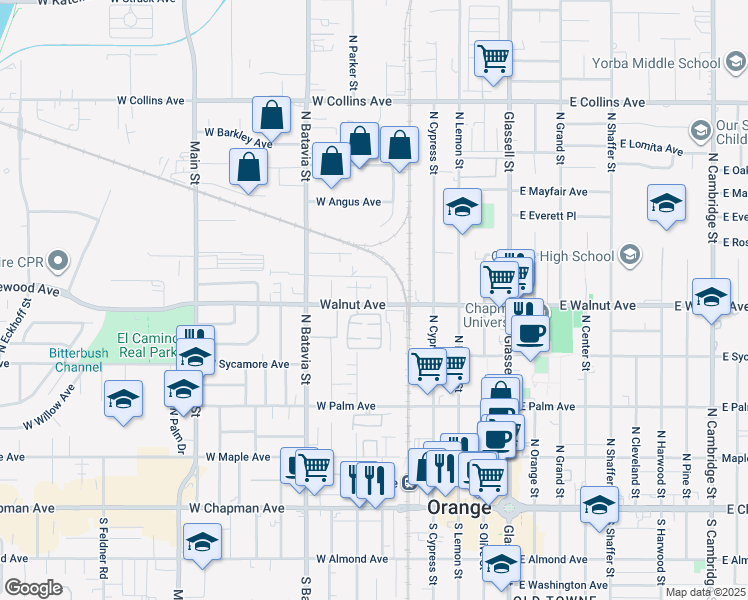 map of restaurants, bars, coffee shops, grocery stores, and more near 790 West Walnut Avenue in Orange