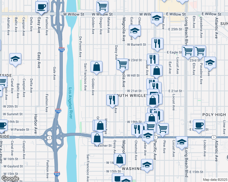 map of restaurants, bars, coffee shops, grocery stores, and more near Daisy Avenue & West 21st Street in Long Beach