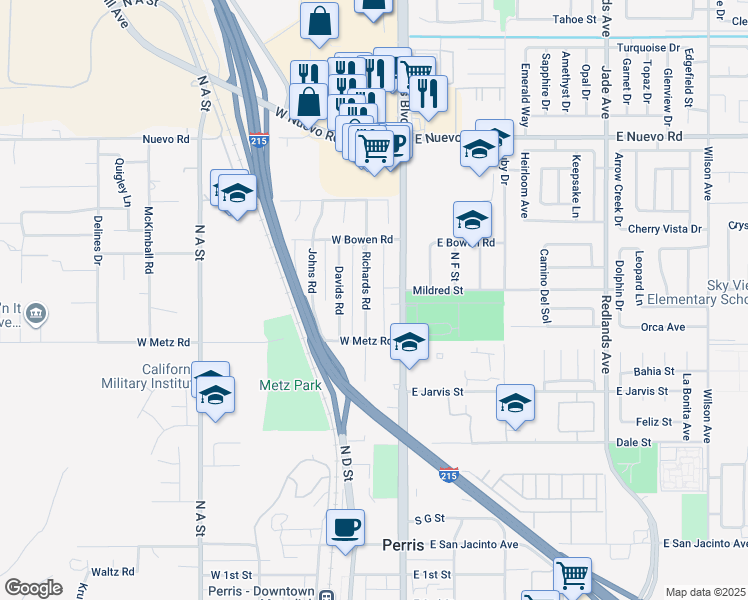 map of restaurants, bars, coffee shops, grocery stores, and more near Richards Road in Perris