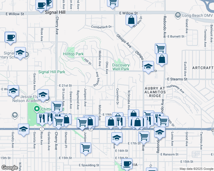 map of restaurants, bars, coffee shops, grocery stores, and more near 2199 Ohio Avenue in Signal Hill