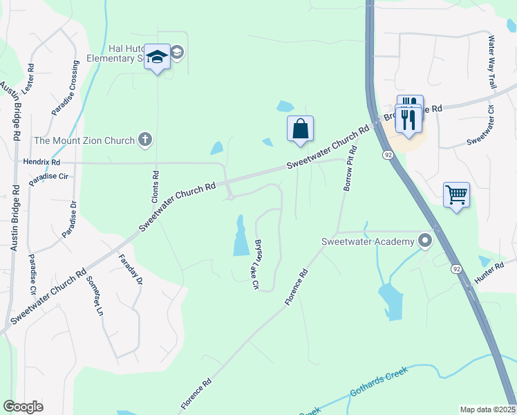 map of restaurants, bars, coffee shops, grocery stores, and more near 881 Bryson Lake Circle in Douglasville