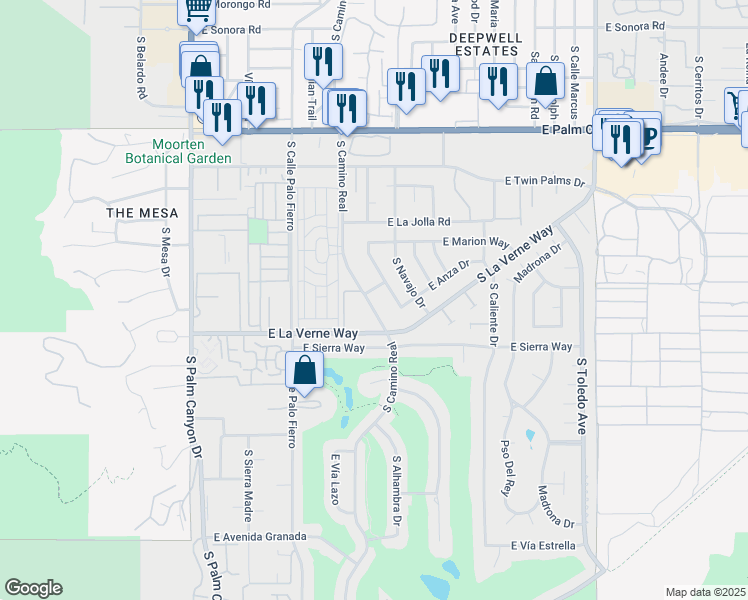 map of restaurants, bars, coffee shops, grocery stores, and more near 2050 South Camino Real in Palm Springs