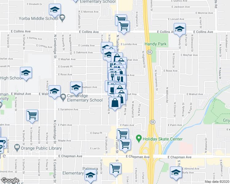 map of restaurants, bars, coffee shops, grocery stores, and more near 491 North Tustin Street in Orange