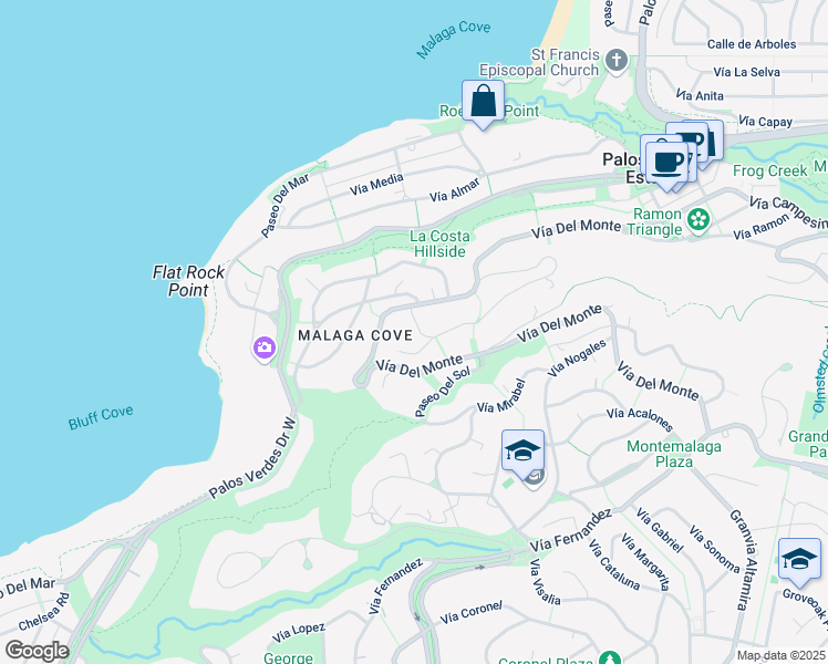 map of restaurants, bars, coffee shops, grocery stores, and more near 813 Vía Conejo in Palos Verdes Estates