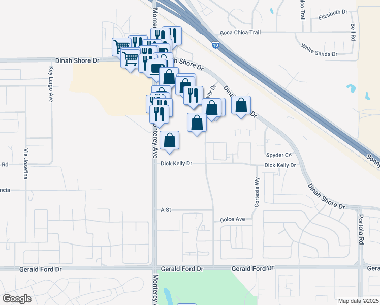 map of restaurants, bars, coffee shops, grocery stores, and more near 34940 Monterey Avenue in Palm Desert