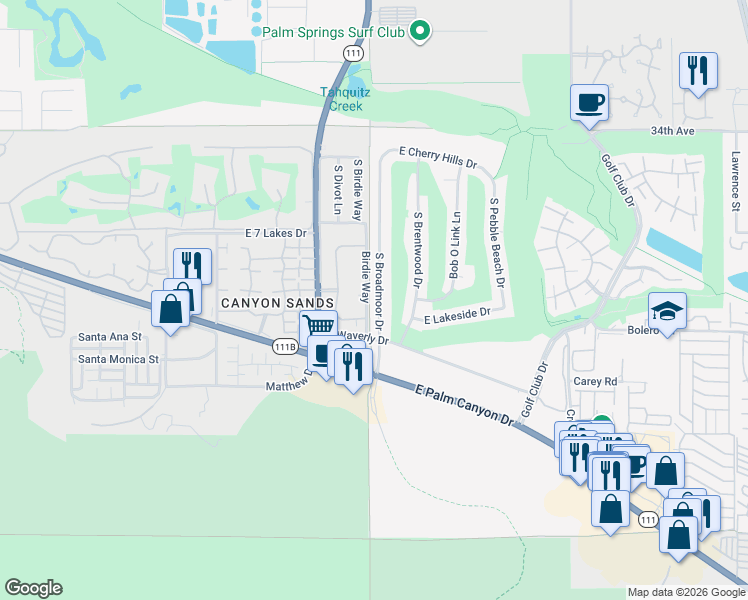 map of restaurants, bars, coffee shops, grocery stores, and more near 2445 South Broadmoor Drive in Palm Springs