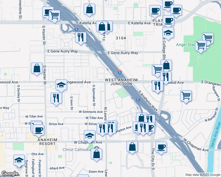map of restaurants, bars, coffee shops, grocery stores, and more near 2120 South Lewis Street in Anaheim