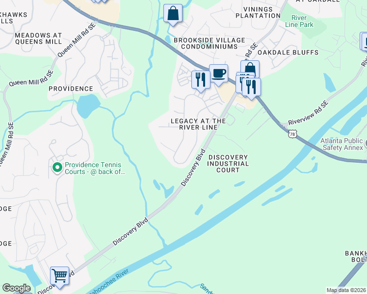 map of restaurants, bars, coffee shops, grocery stores, and more near 6391 Century Park Place in Mableton