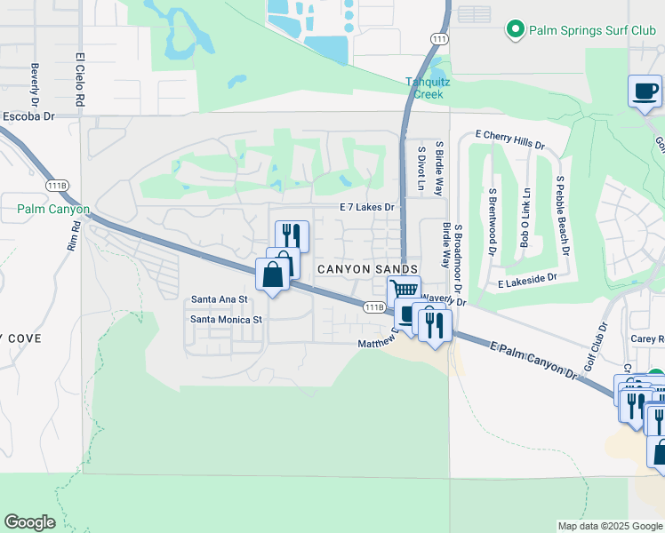 map of restaurants, bars, coffee shops, grocery stores, and more near 2480 South Linden Way in Palm Springs