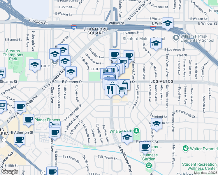 map of restaurants, bars, coffee shops, grocery stores, and more near 2110 North Bellflower Boulevard in Long Beach