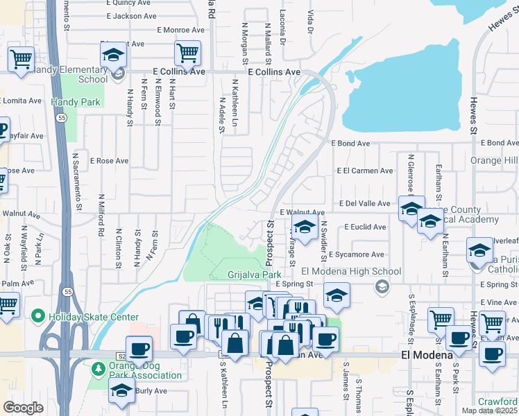 map of restaurants, bars, coffee shops, grocery stores, and more near 511 North Pageant Drive in Orange