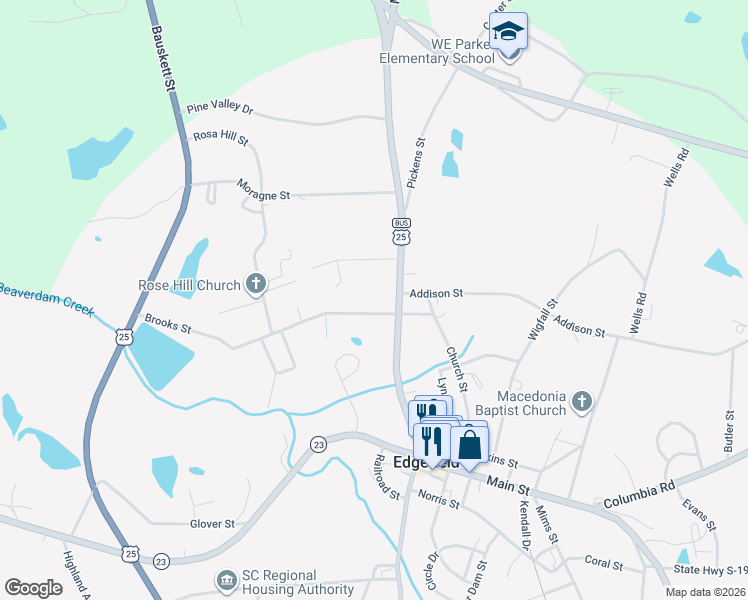 map of restaurants, bars, coffee shops, grocery stores, and more near 306 Brooks Street in Edgefield