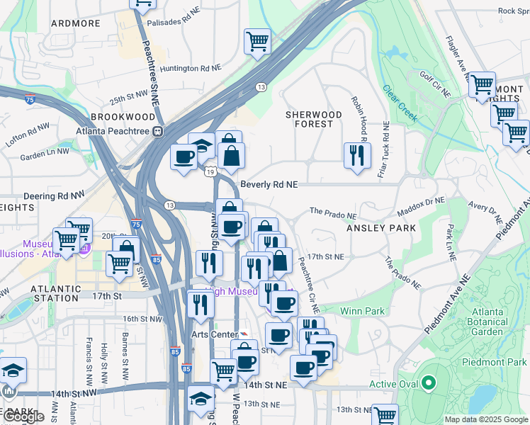 map of restaurants, bars, coffee shops, grocery stores, and more near 230 Peachtree Circle Northeast in Atlanta