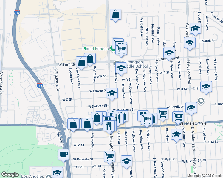 map of restaurants, bars, coffee shops, grocery stores, and more near 1618 North Wilmington Boulevard in Los Angeles