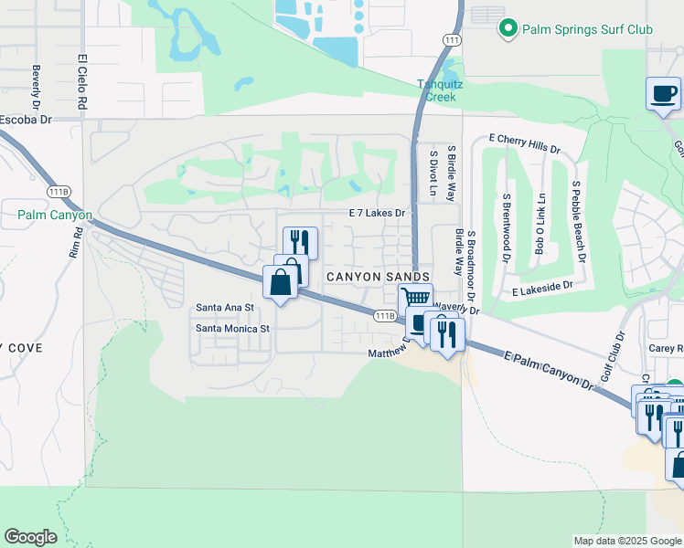 map of restaurants, bars, coffee shops, grocery stores, and more near 2391 Mira Monte Circle West in Palm Springs