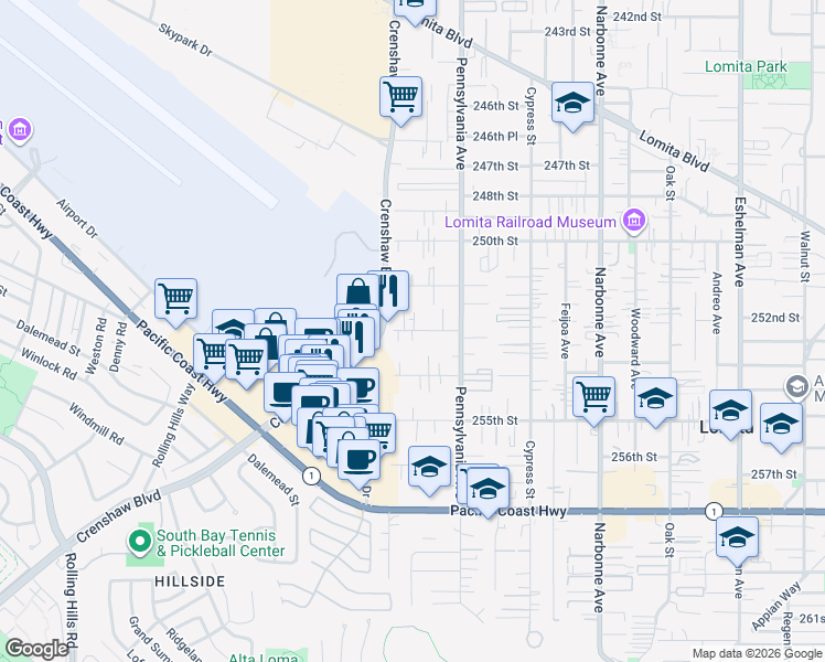 map of restaurants, bars, coffee shops, grocery stores, and more near 2457 253rd Street in Lomita