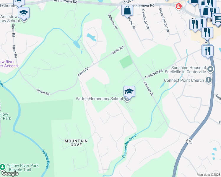 map of restaurants, bars, coffee shops, grocery stores, and more near 4381 Campbell Road in Snellville