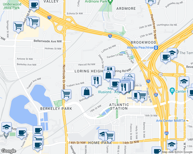 map of restaurants, bars, coffee shops, grocery stores, and more near 1480 Groveland Avenue Northwest in Atlanta