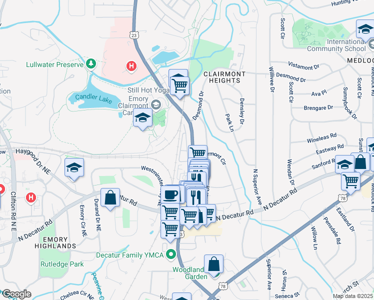 map of restaurants, bars, coffee shops, grocery stores, and more near 623 Brennan Drive in Decatur
