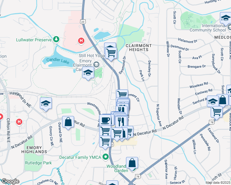 map of restaurants, bars, coffee shops, grocery stores, and more near 663 Brennan Drive in Decatur