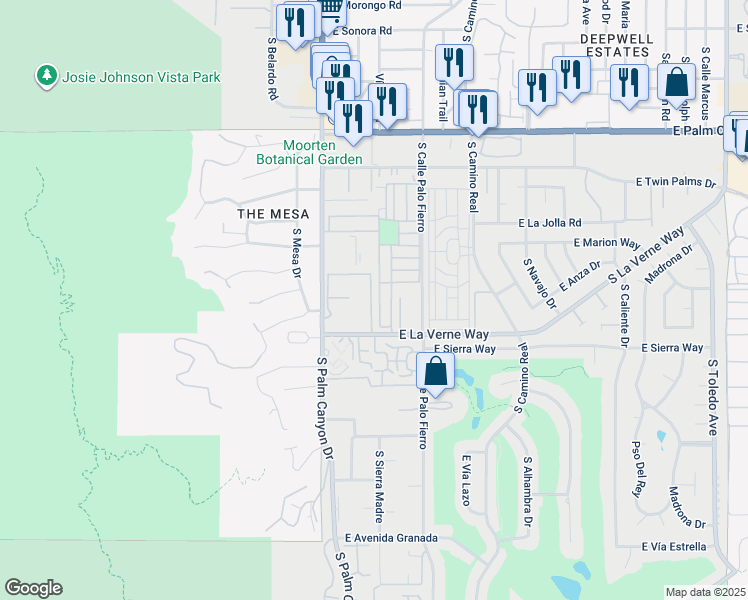 map of restaurants, bars, coffee shops, grocery stores, and more near 2071 Ramitas Way in Palm Springs