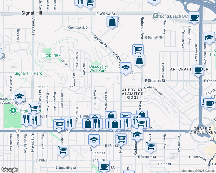 map of restaurants, bars, coffee shops, grocery stores, and more near 2119 Ridgeview Terrace Drive in Signal Hill