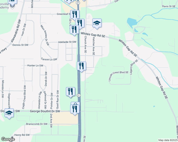 map of restaurants, bars, coffee shops, grocery stores, and more near 215 Parris Street Southeast in Jacksonville