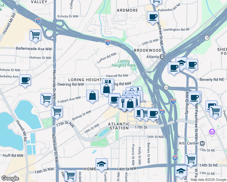 map of restaurants, bars, coffee shops, grocery stores, and more near 1459 Mecaslin Street Northwest in Atlanta