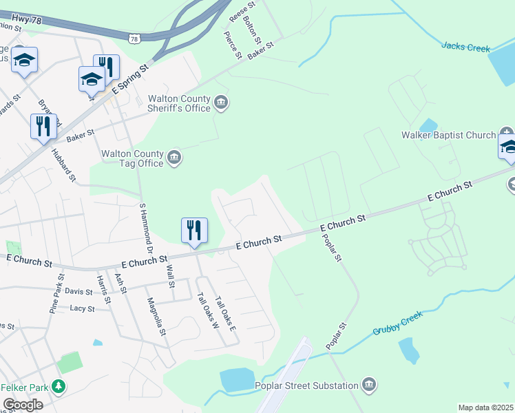 map of restaurants, bars, coffee shops, grocery stores, and more near 1218 Claywill Circle in Monroe