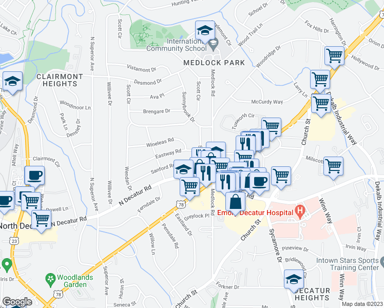 map of restaurants, bars, coffee shops, grocery stores, and more near 2381 Eastway Road in Decatur