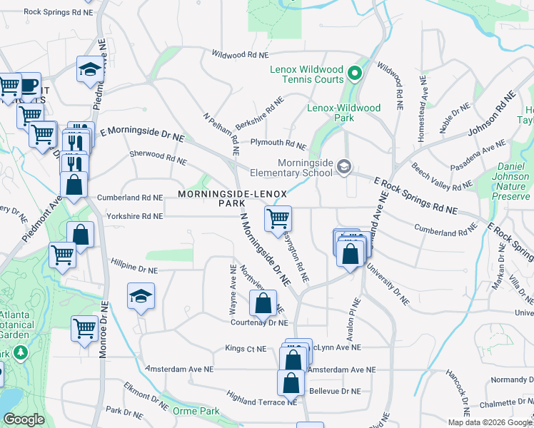 map of restaurants, bars, coffee shops, grocery stores, and more near 915 Cumberland Road Northeast in Atlanta