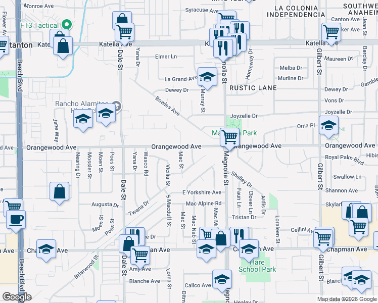 map of restaurants, bars, coffee shops, grocery stores, and more near 11511 Mac Nab Street in Garden Grove