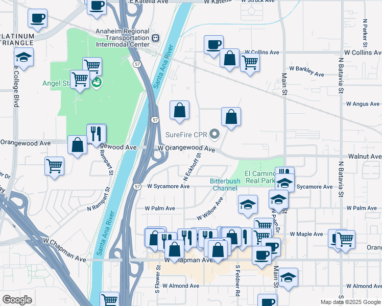 map of restaurants, bars, coffee shops, grocery stores, and more near 2039 West Beverly Drive in Orange
