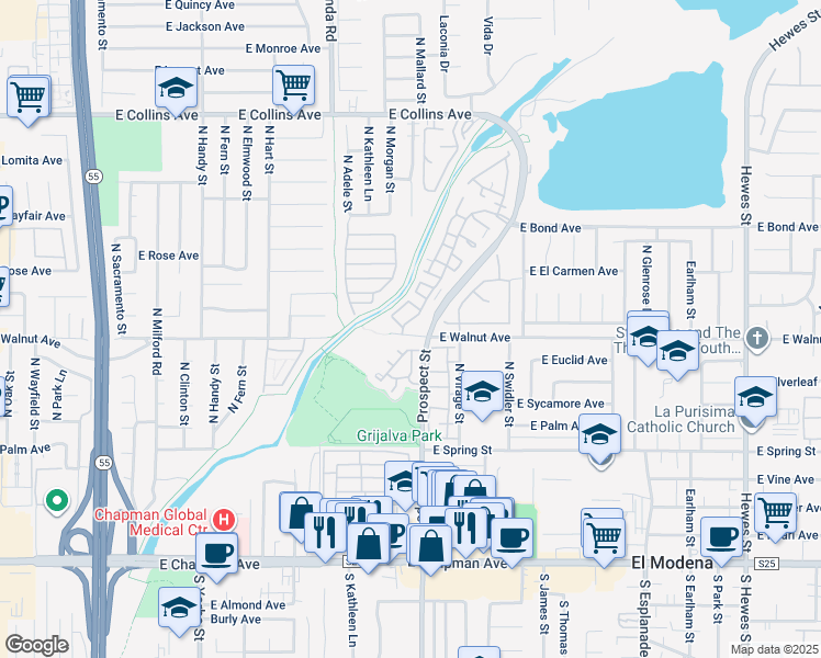 map of restaurants, bars, coffee shops, grocery stores, and more near 511 North Pageant Drive in Orange
