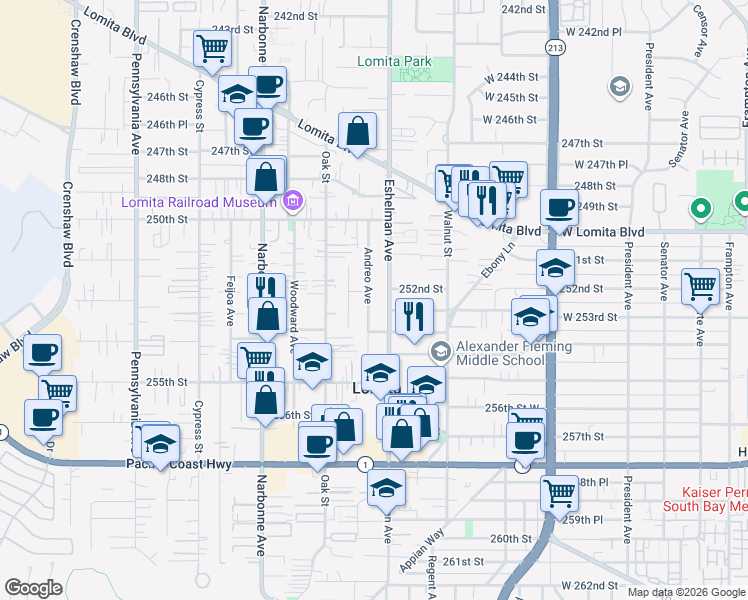 map of restaurants, bars, coffee shops, grocery stores, and more near 25206 Andreo Avenue in Lomita