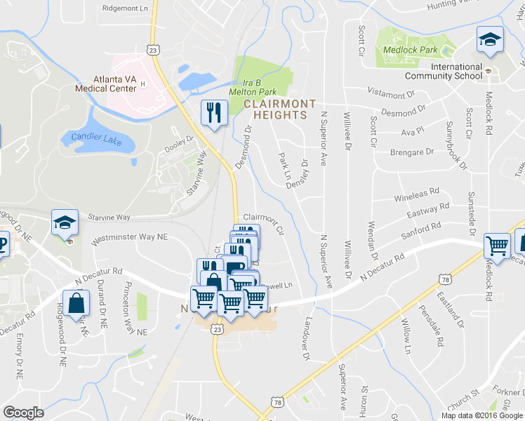map of restaurants, bars, coffee shops, grocery stores, and more near 643 Webster Drive in Decatur